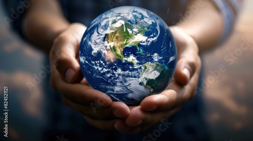 Earth protection day human hands holding the round planet earth illustration #824521121