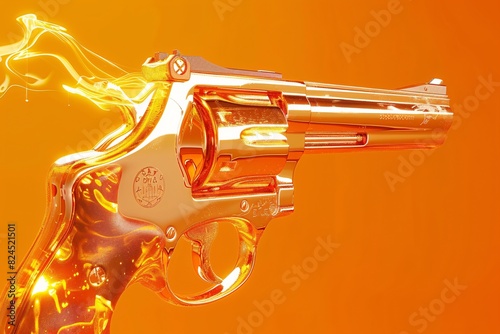 a gold gun with flames coming out of it photo