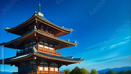 the old Japanese temple in left corner with clear blue sky background