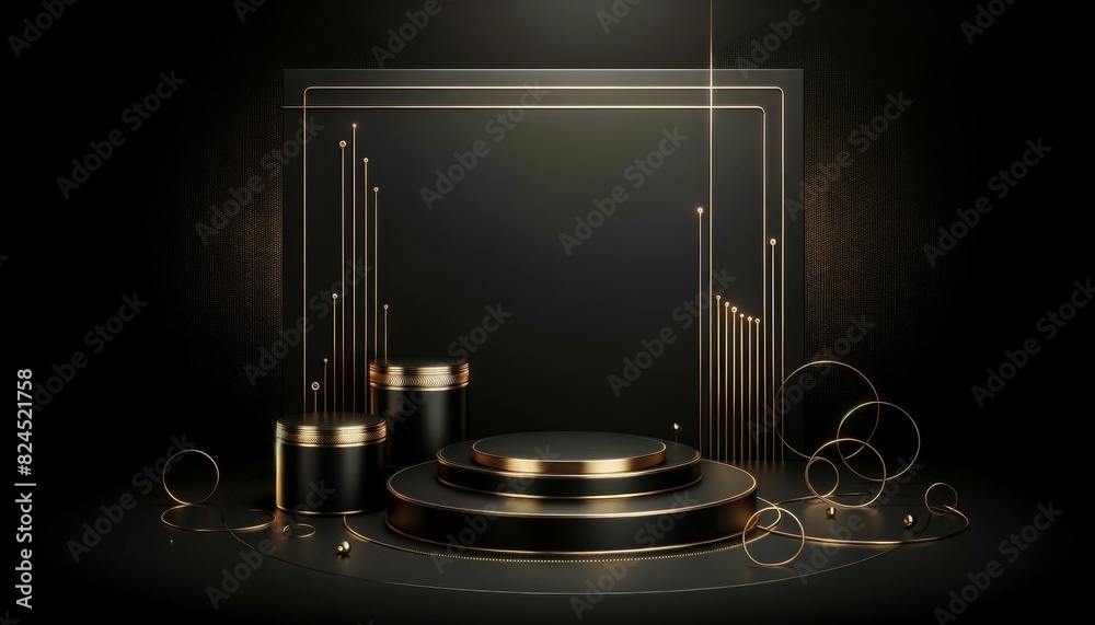 A black and gold sculpture of a pedestal with a gold rim. Minimal black scene with golden lines, featuring a cylindrical gold and black podium on a black background.