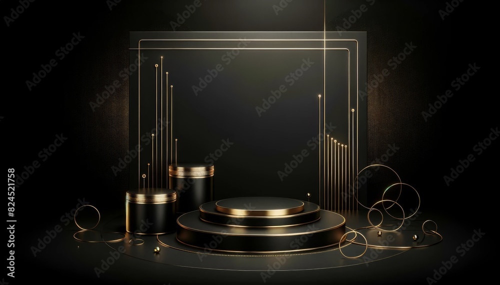 A black and gold sculpture of a pedestal with a gold rim. Minimal black scene with golden lines, featuring a cylindrical gold and black podium on a black background. A black and gold sculpture of a pedestal with a gold rim. Minimal black scene with golden lines, featuring a cylindrical gold and black podium on a black background.