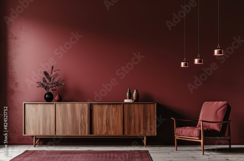 Photo of a burgundy wall with an elegant wooden sideboard and armchair in front, complemented in the style of pendant lights