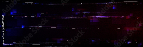 Glitch game effect tv screen with pixel texture background. Vhs digital pattern with retro television graphic design. Signal error broadcast overlay with distortion line art. Wide speed rewind frame