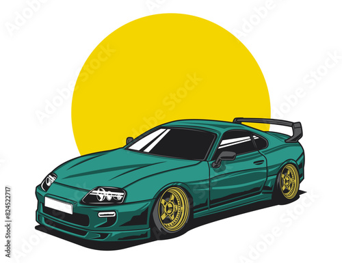 amazing 90s car design in green color body and gold rim for vector illustration 