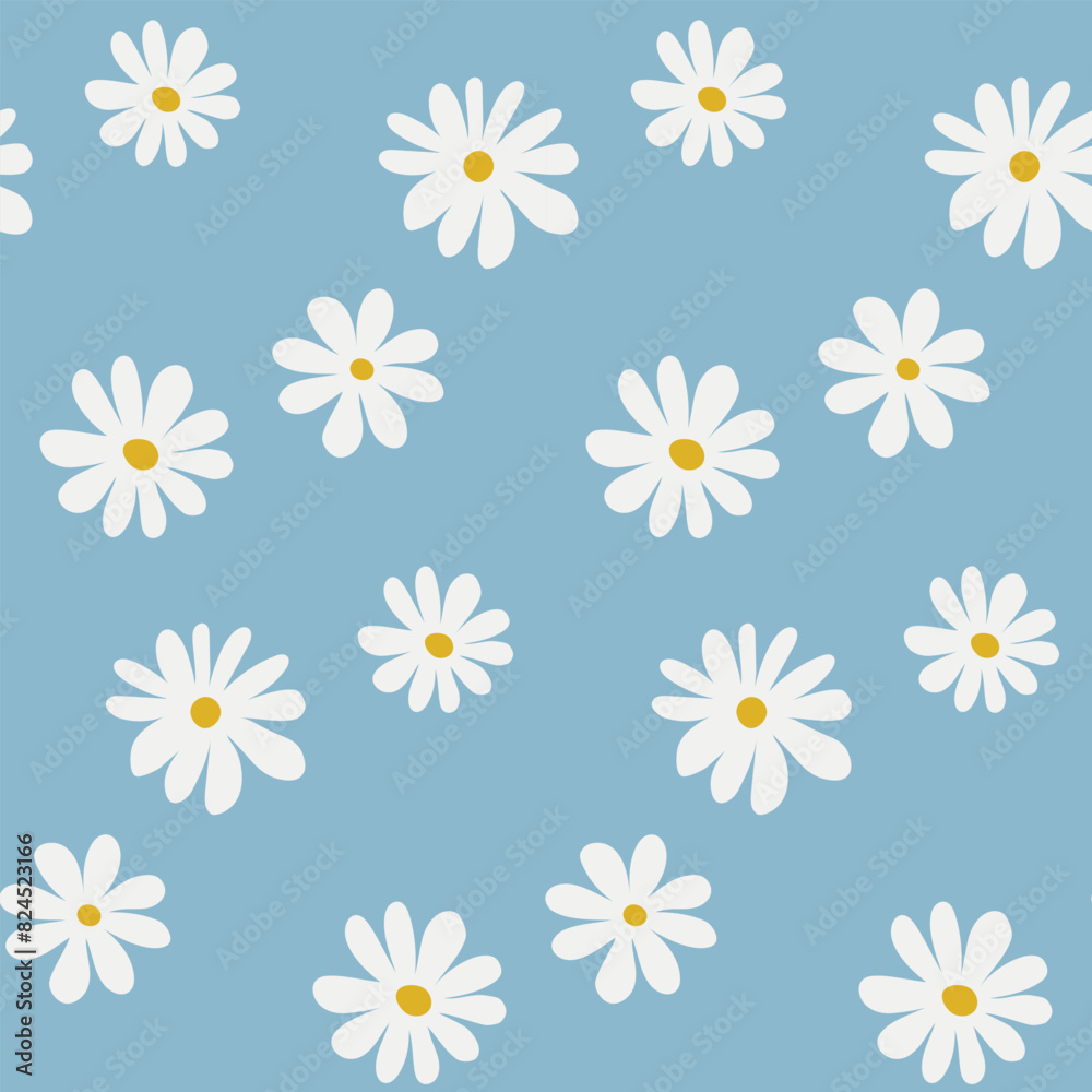 Seamless pattern with white chamomiles on light blue background. Vector floral illustration for textile, print, wallpapers, wrapping.