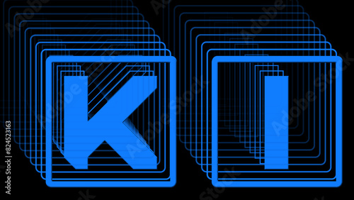 KI - blue lettering as abstract label with repeating effect on black background - 3D Illustration