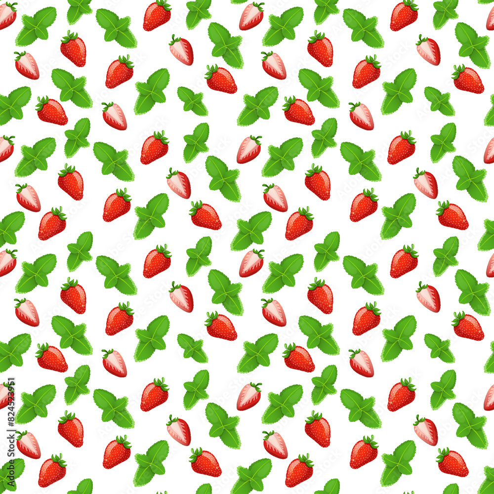 Seamless pattern with red strawberries, green mint leaves on white background, hand drawn. Summer design for fabric, paper, wrapping, packaging. Seamless pattern with red strawberries, green mint leaves on white background, hand drawn. Summer design for fabric, paper, wrapping, packaging.