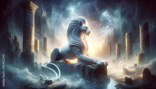 Celestial Sphinx: A surreal, full-body depiction of a rare, celestial sphinx with a mane that glows like the dawn. The sphinx sits regally in a mystical landscape © Siripong