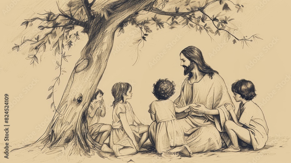 Obraz premium Jesus Blessing a Group of Children, Representing Innocence and Love, Biblical Illustration of Divine Affection