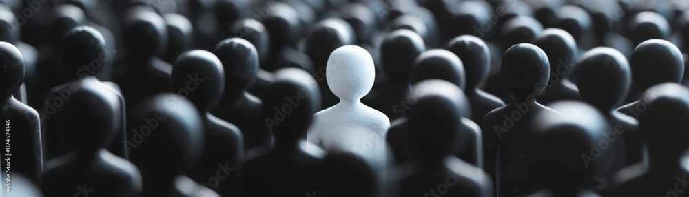 Fototapeta premium Conceptual image of a white figure standing out among black figures symbolizing individuality, uniqueness, and leadership.