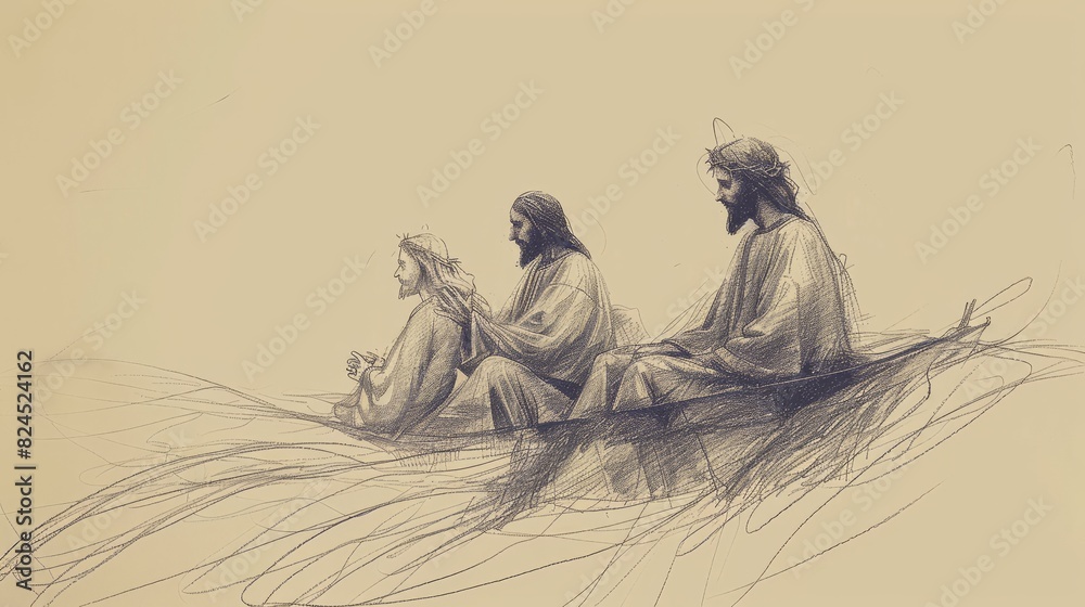 Obraz premium Jesus' Miracles of Calming the Storm, Biblical Illustration of Power and Peace, Ideal for Inspirational and Devotional Use