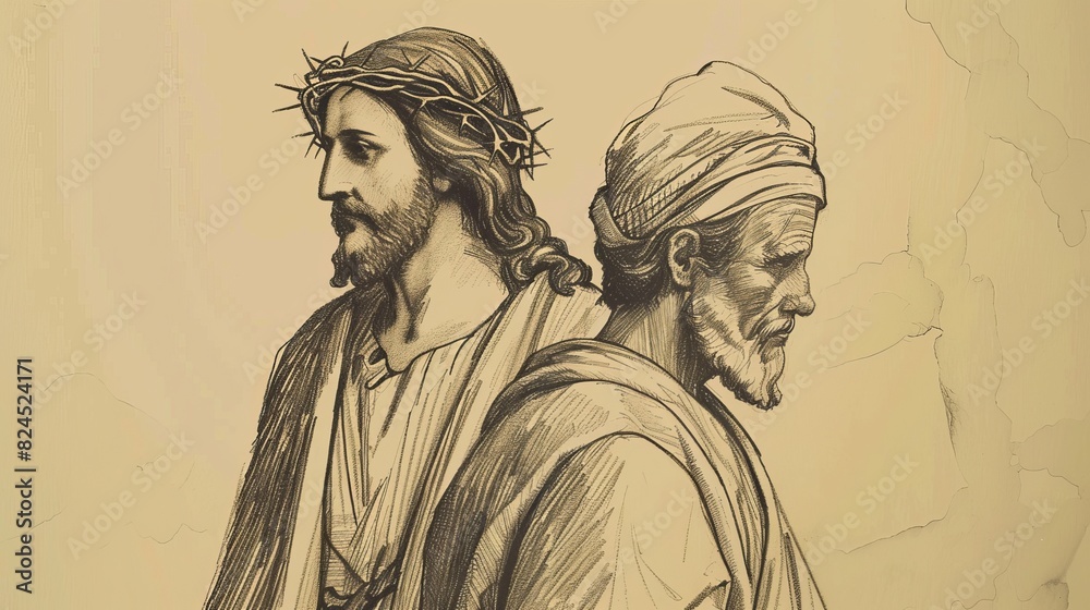 Fototapeta premium Jesus and the Rich Man Who Walked Away Sorrowful, Biblical Illustration of Wealth and Salvation, Ideal for Religious article