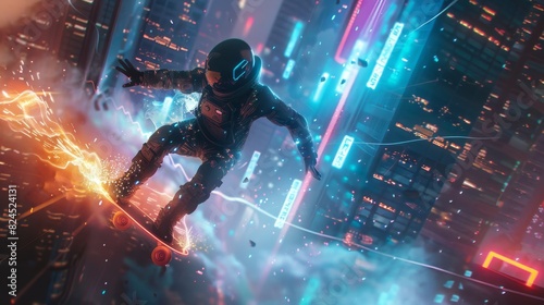 A digital thief in a high-tech suit, escaping a security grid on a hoverboard, bag of digital coins emitting electric sparks, towering neon skyscrapers © saichon
