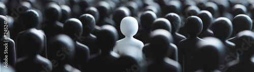 Conceptual image of a white figure standing out among black figures symbolizing individuality, uniqueness, and leadership.