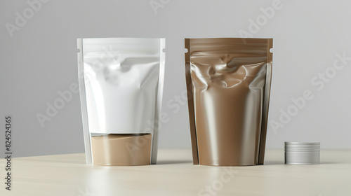 two packaging bags on gray background. Mockup template for design, print presentation mock up