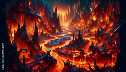 Infernal Abyss A surreal image of hell with a rugged and flaming landscape. A river of molten lava flows through it. Demonic creatures with distorted forms roamed around. photo