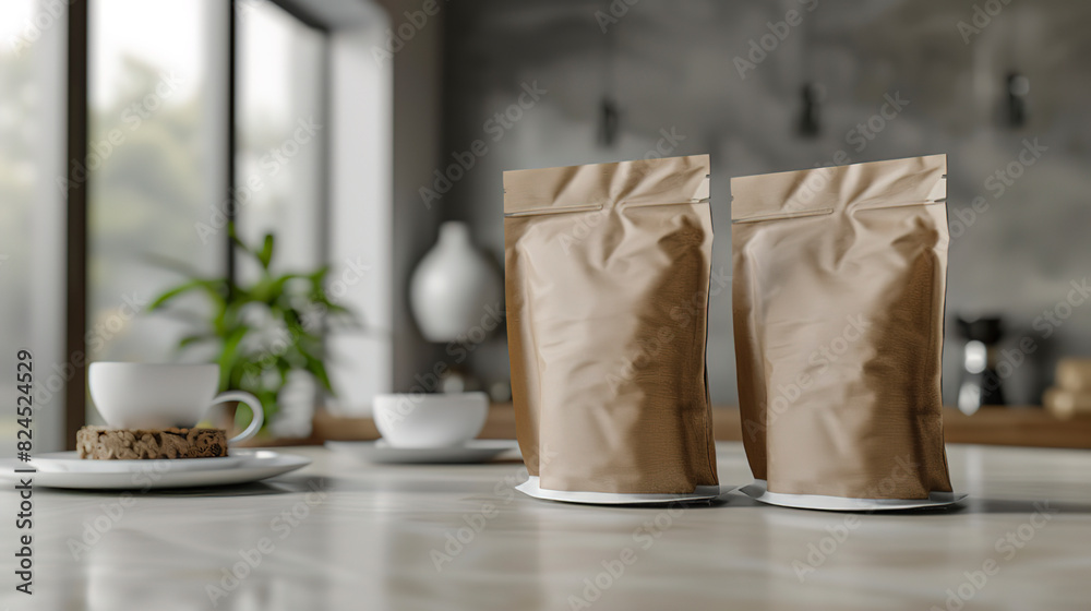 two packaging bags on gray background. Mockup template for design, print presentation mock up two packaging bags on gray background. Mockup template for design, print presentation mock up
