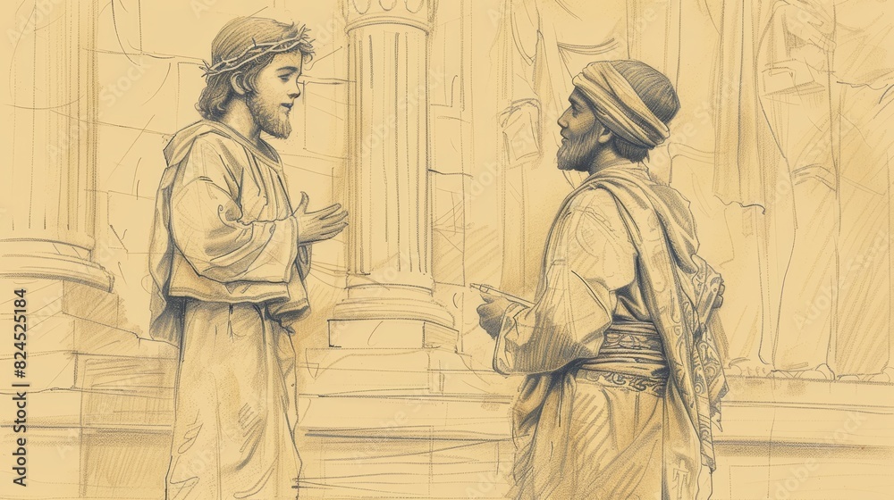 Fototapeta premium Jesus as a Boy Teaching in the Temple, Biblical Illustration of Wisdom and Authority, Ideal for Religious article