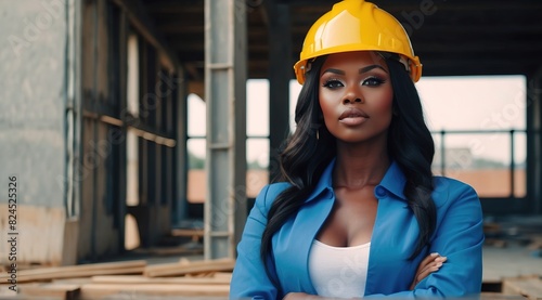 Beautiful attractive black woman model working on construction site wearing safety hat