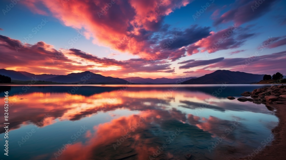 A vibrant sunset over a serene lake with the silhouette of mountains in the distance