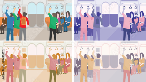 The atmosphere inside a commuter train during rush hour. inside of commuter train in 4 color theme