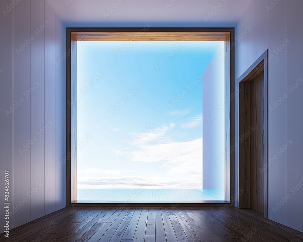 Contemporary wooden frame with a sky blue light border in a sleek room with a wooden floor. Contemporary wooden frame with a sky blue light border in a sleek room with a wooden floor.