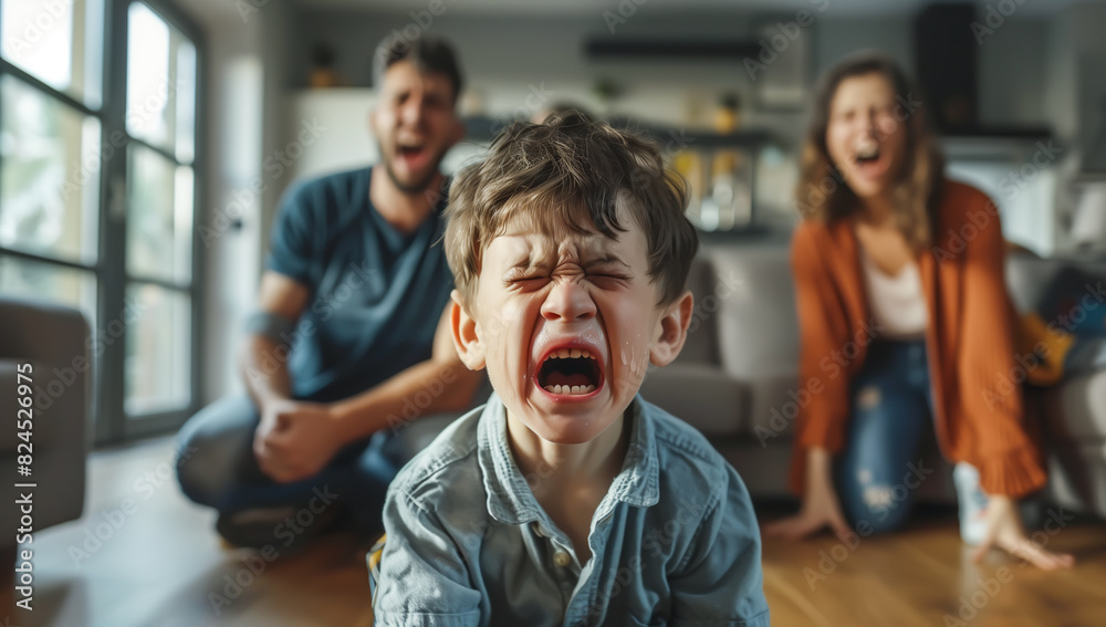 Fototapeta premium A child cries while parents argue in the background. The crying child highlights the emotional pain and turmoil caused by parental arguments. Generative AI.