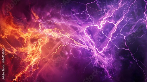 purple and orange lightning background, fire texture, energy sparks with a heart shape © Davy