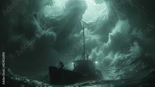 Dramatic Scene of Small Fishing Boat in Storm with Cthulhu Silhouette in Towering Waves.