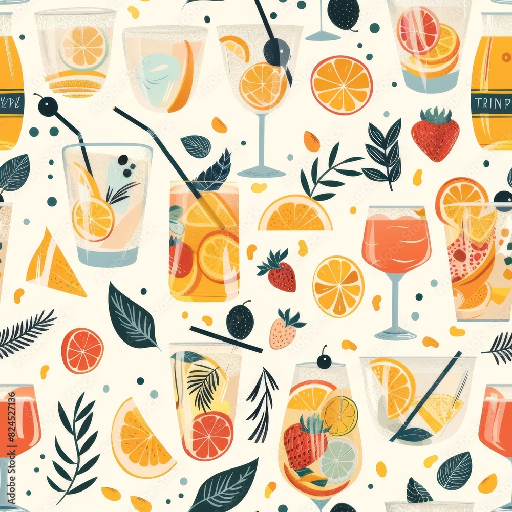 Colorful Summer Drink Pattern Illustration. A vibrant and highly detailed pattern featuring an array of summer drinks and cocktails.