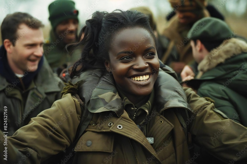 Full body photo of young female Black servicewoman smiling and hugging family members after being welcomed back home Full body photo of young female Black servicewoman smiling and hugging family members after being welcomed back home