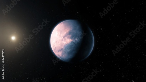 Alien planet in space with a star. Cosmic landscape with exoplanet. Realistic Super Earth on a black background.