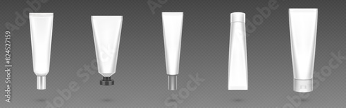 White cosmetic cream tube container mockup. 3d plastic blank lotion bottle package with cap. Hand care or medical sunscreen jar design template. Isolated face skincare product packaging mock up set