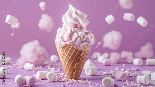 Ice cream cone on colored background, minimal style, Creative summer banner ,Illustration of an ice cream on pastel background, a waffle cone with ice cream in it ,Happy National Ice Cream Day 

