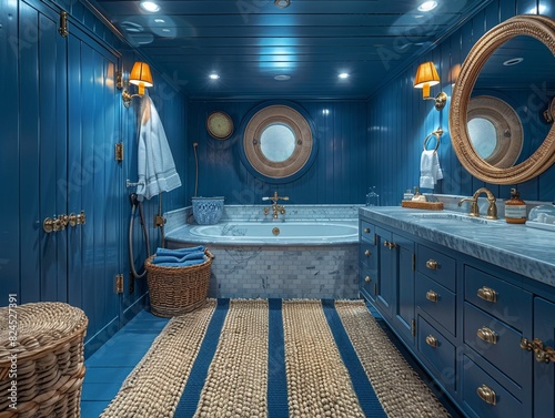 Nautical-themed bathroom with navy stripes and brass fixtures photo