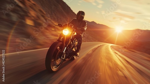 bottom view Professional motorcyclist on the road Ride at high speed around the mountains at sunset. Concept 3D render background