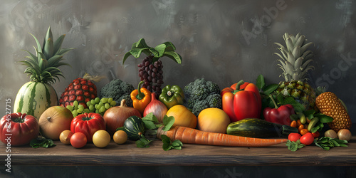  Colorful ripe vegetables and fruits scattered on table in studio shot background for Summer concept  A set of different fruit  vegetable  cereals  food  on a concrete background 