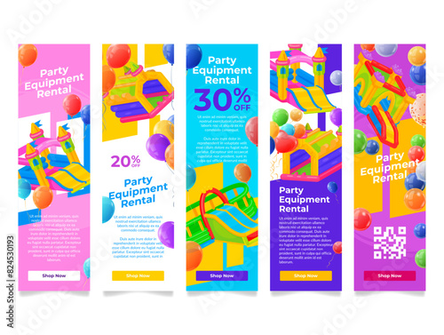 Party equipment rental air balloon trampoline sale landing page flyer design template set vector
