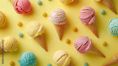Ice cream in cones in pastel colors isolated on yellow background, Flat lay, Horizontal ,Assortment Of Colorful Ice Cream Scoops In A Top-Down View, Collection Of Ice Cream With Various Flavors 

