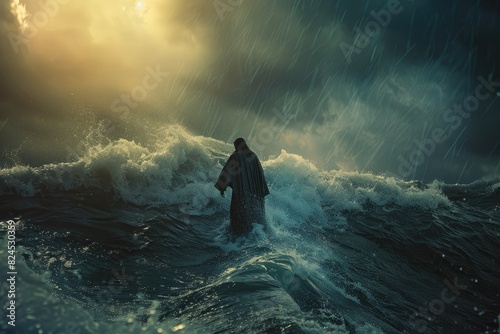 Jesus walking on water across the sea during a storm. Back view. Biblical theme. Religious concept.