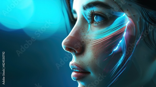 Young woman with half face and holographic subcutaneous muscle structure 3D medical concept concept photo