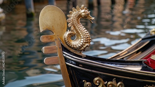 Embellishment: Close-up Detail of Gold Seahorse on Gondola in Venice, Italy