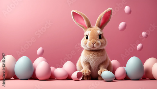 This is a picture of a stuffed bunny rabbit sitting in front of a pink background.