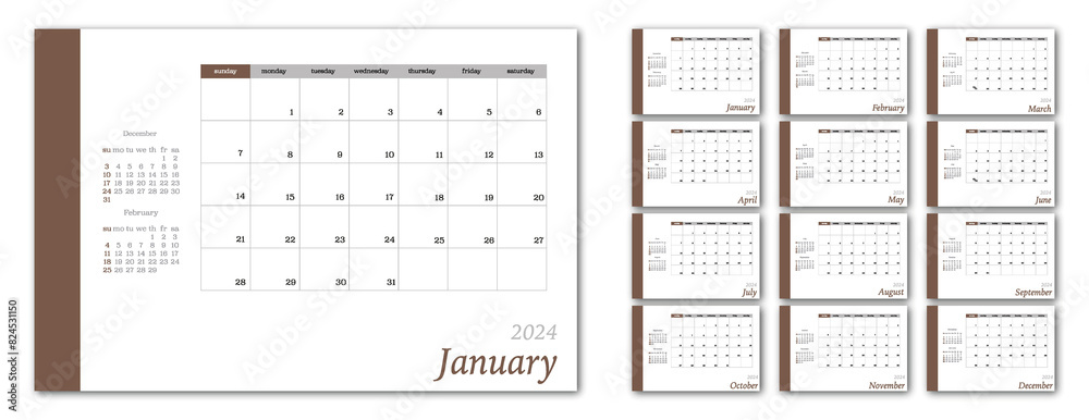 Flat calendar for 2024 in minimalist style. Corporate and business