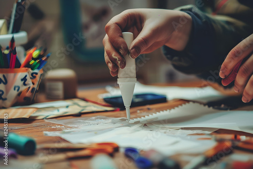 Close-up of Hand Applying Adhesive Glue to Paper for Crafting on a Wooden Table with Craft Supplies