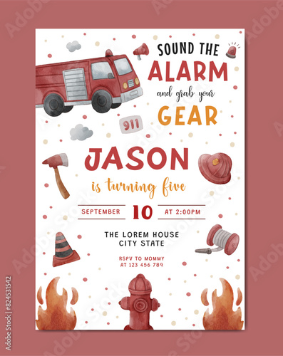 Birthday with firefighter theme watercolor invitation template