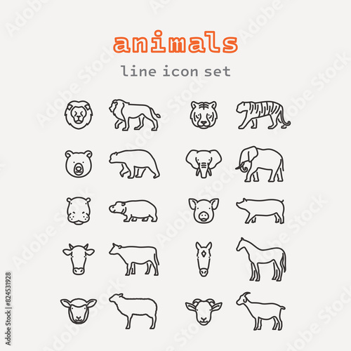 Animals face and side view icon set