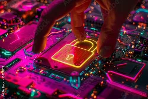 High tech security with hand activating digital lock on microchip, futuristic cyber defense, neon colors and tech glow photo