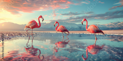 A group of flamingos gracefully wading in a tranquil lagoon Flamingos in a lake with a blue sky and the sun shining background. photo