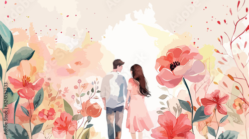 Watercolor happy couple with flower and leaves Vector
